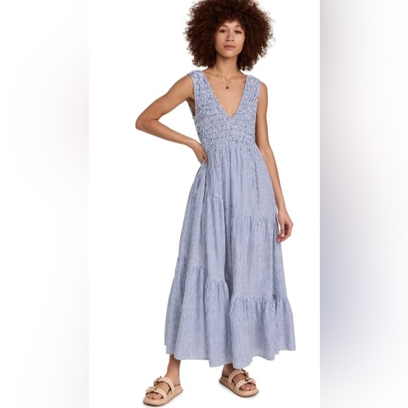 Free People Dresses & Skirts - Free People Juno Tiered Maxi Dress Large Blue Striped Cotton Smocked Boho Flowy